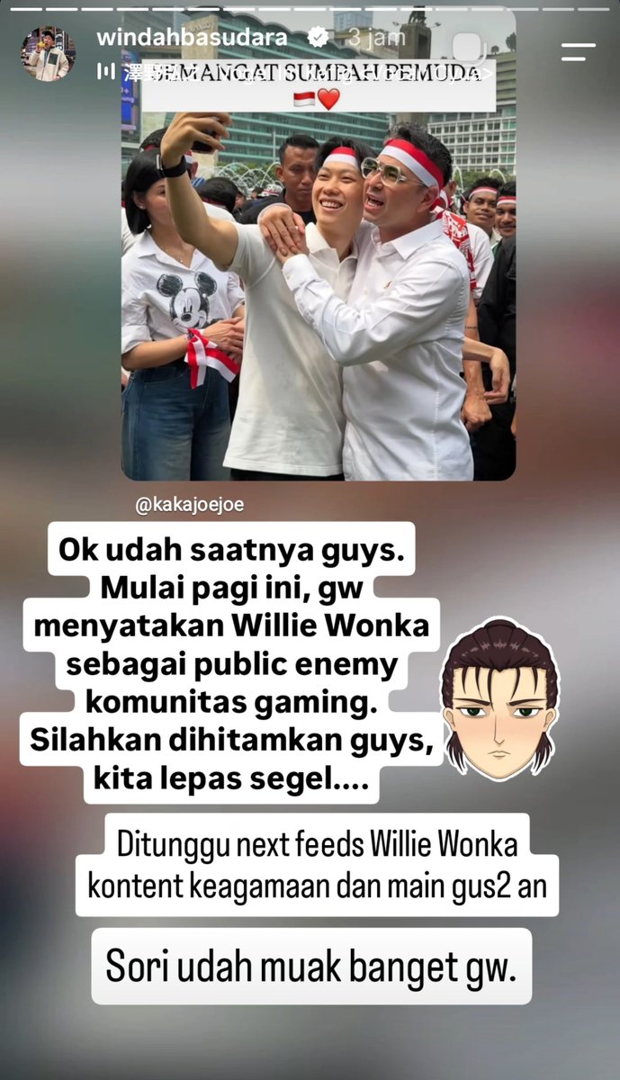 namelesid's tweet photo. 🚨RESMI: Windah Basudara sudah menetapkan Raffi Ahmad, Willie Salim dkk sebagai musuh bocil kematian & komunitas gamer.

Berikut DOSA Raffi, Willie Salim dkk pada tanggal 29 di bundaran HI:

• Menumbalkan nama mahasiswa
• Mencoreng kredibilitas almamater
• Membodoh-bodohi Dino, Sari dkk

Sekarang Windah sudah melepaskan "segel" bocil kematian, itu artinya bocil kematian diizinkan mengamuk sesuka hati di akun Willie salim, Raffi Ahmad dkk.

SANGGUPKAH BOCIL KEMATIAN MENGHYTAMKAN AKUN MEREKA.🫣
