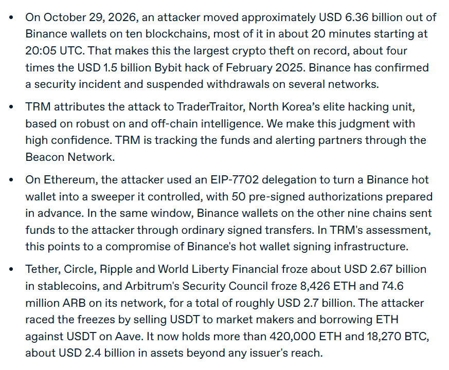 BNODesk's tweet photo. BREAKING: North Korea is behind the $6.36 billion Binance hack, the biggest in crypto history, according to TRM Labs https://t.co/QTAA61wiQ9