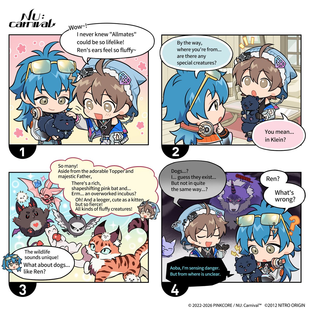 NUCarnivalEn's tweet photo. Do two different worlds share familiar sights? Aoba is curious about Klein's diverse wildlife 🐶
Yet among these adorable animals... lurk dangerous creatures not to be taken lightly!
#CYBERNEticalParadox will soon come to an end; experience this otherworldly adventure to the fullest and leave no regrets!

#NUCarnival #CHiRAL #DMMd #Eiden #Aoba #4KomaComic