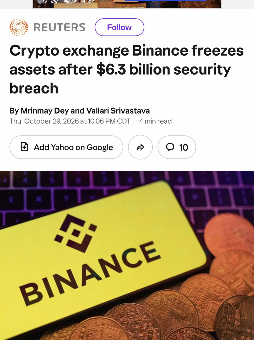 Hannibal9972485's tweet photo. All this event serves to PROVE is the government now has a demonstrated capability to freeze billions in crypto assets instantly. 
stable-coins have centralized kill switches. 🚨
They expect you to believe a  DevOps Laptop 
 submit unauthorized withdrawal transactions across eight blockchain networks in 15 minutes moving $6.3 billion across 8 networks from a single DevOps laptop without triggering internal tier-1 alarms, multi-signature requirements, and withdrawal limits. Binance is not a lemonade stand 🤦‍♂️ 

Moving that kind of liquidity needs the highest level of hardware security modules (HSMs) and multi-party computation (MPC). Blaming a DevOps laptop is the laziest, most transparent scapegoat in the corporate playbook.🚨

This is not a hack. This is an inside job orchestrated by Binance leadership itself to execute a massive, coordinated short squeeze and liquidity grab, masked as a North Korean cyberattack. 🚨

The faked the $6.3B "hack," so they crash the market (Bitcoin drops 5% to $77,000, smaller caps drop 10%). They freeze $3B of "stolen" assets (effectively locking up competitor liquidity or their own user funds to prevent a bank run). Meanwhile, the "unfrozen" $2.4 billion (which is actually just Binance internal wallets moving funds) is swept into untraceable off-shore entities or used to short the market right before the crash. They absorb a fake $6.3B liability on paper, which gives them an excuse to delay withdrawals, deny certain withdrawal requests, and restructure their balance sheet without admitting insolvency. The "SAFU covers it" lie gives users false confidence so they don't pull their money out. The "North Korean hackers" narrative gives them geopolitical cover nobody can sue North Korea, and the FBI/CIA will just nod along because blaming North Korea is the convenient boogeyman for every major crypto failure since 2017.🚨

It's an internally engineered liquidity crisis masking mechanism and a massive market manipulation short. Binance is using the "North Korean hack" to freeze user assets, crash the market to buy the dip, and hide their own insolvency or fractional reserve practices.🚨

They have a massive internal liquidity crisis.

Sky News says  $6.3 billion stolen, the largest heist in history  But the on-chain data tracked by analysts shows only about $3.3 billion in total assets actually moved across the eight blockchain networks

this entire event is an engineered market manipulation and fractional-resve obfuscation. Binance is facing a silent insolvency issue due to bad debts or over-leveraged internal trading desks. 🚨🚨

So for them to  survive a bank run, they need to freeze user assets and crash the market to buy back cheap. They move $3.3 billion internally to a wallet labeled 0x5227 and then onward to 0x8532. 🚨🚨

 They label it a TraderTraitor North Korean hack because that group already has an FBI fingerprint from the Bybit hack, making it the perfect scapegoat.🚨

 By freezing $3 billion of user funds on-chain under the guise of stopping the hackers, they lock up their own customers' liquidity, preventing a massive withdrawal run.
 They crash Bitcoin 5 percent down to $77,000 and smaller assets 10 percent, allowing their internal trading desks to short the market or buy the dip at a massive discount.🚨

https://t.co/02d2SZ1pFb

https://t.co/P5oZYXMJMF