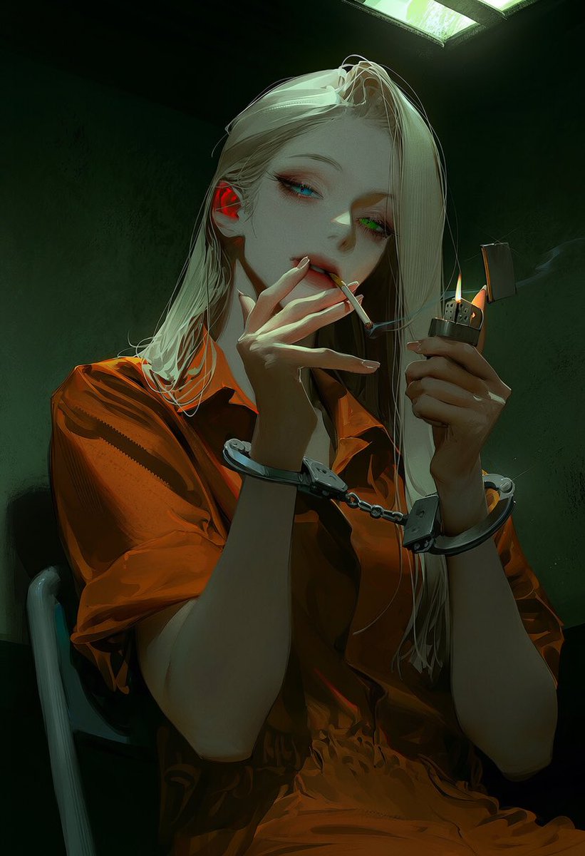Buring_Zio's tweet photo. 철컹철컹

1.5::upper body shot::, 1.4::low angle::, three-quarter view, seated on a metal chair, leaning slightly backward,

1.8::orange short-sleeved prison jumpsuit::, loose open collar, rolled-up sleeves, 1.6::metal handcuffs on both wrists::, short connecting chain,

1.7::cigarette between lips::, 1.6::both hands raised near face::, one hand holding a lighter, other hand near mouth with fingers spread, head slightly lowered, half-closed eyes, relaxed expression, thin cigarette smoke,

1.7::dark cinematic noir atmosphere::, 1.6::low-key lighting::, 1.5::deep heavy shadows::, cold desaturated green lighting, dim interrogation room, dark concrete walls, harsh overhead light, dramatic chiaroscuro, muted colors, gritty film grain,
natural skin tones,