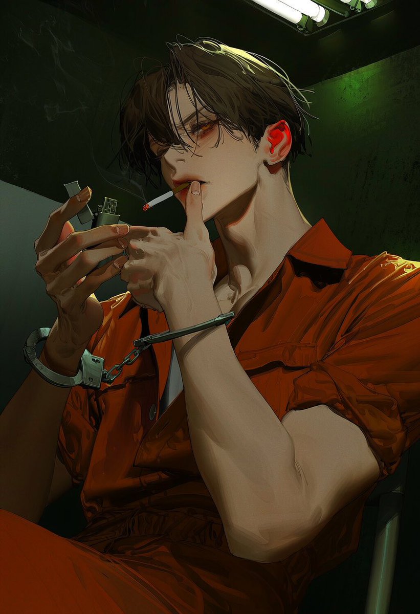 Buring_Zio's tweet photo. 철컹철컹

1.5::upper body shot::, 1.4::low angle::, three-quarter view, seated on a metal chair, leaning slightly backward,

1.8::orange short-sleeved prison jumpsuit::, loose open collar, rolled-up sleeves, 1.6::metal handcuffs on both wrists::, short connecting chain,

1.7::cigarette between lips::, 1.6::both hands raised near face::, one hand holding a lighter, other hand near mouth with fingers spread, head slightly lowered, half-closed eyes, relaxed expression, thin cigarette smoke,

1.7::dark cinematic noir atmosphere::, 1.6::low-key lighting::, 1.5::deep heavy shadows::, cold desaturated green lighting, dim interrogation room, dark concrete walls, harsh overhead light, dramatic chiaroscuro, muted colors, gritty film grain,
natural skin tones,
