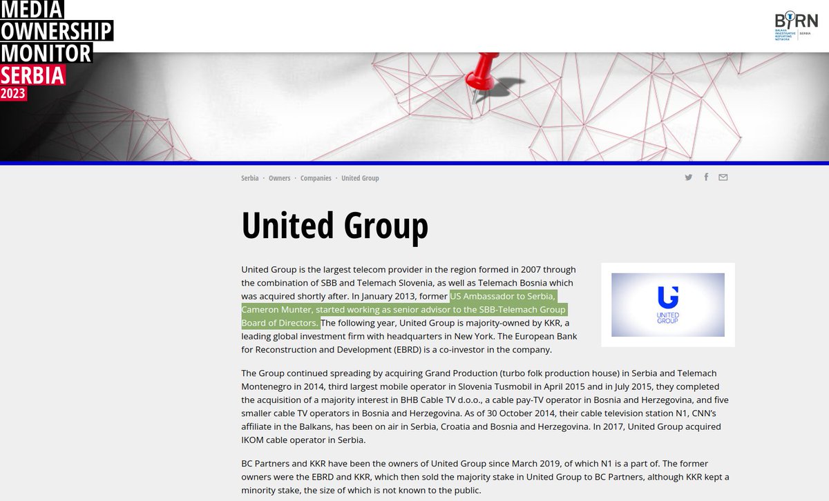 BrianJBerletic's tweet photo. Western media and Student List supporters themselves cite the central role of N1/Nova S in building up and promoting the Student List movement. 

US NED-funded BIRN's Media Ownership Monitor Serbia admitted United Group (N1, Nova S) were acquired and built up by former US Amb. to Serbia Cameron Munter and former CIA director and chairman at KKR David Petraeus starting in 2013-2014 specifically to serve as opposition media in Serbia. 

Sources cited: 

1. https://t.co/2H29o0hPoH
2. https://t.co/MxS3jdpX5P
3. https://t.co/LeQ4Ig52FD
4. https://t.co/G1ft0eEdOI
5. https://t.co/7MNLjwveiQ