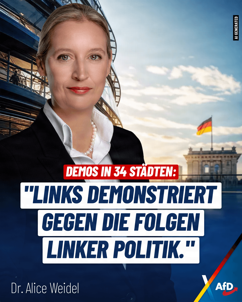 Alice_Weidel's tweet photo. Für morgen sind für 34 deutsche Großstädte Demonstrationen geplant. Die Organisation „Generation Z regelt“ will mit Kooperationspartnern und vornehmlich jungen Menschen „für Bildung, Gesundheit, Klimaschutz und ein bezahlbares Leben“ demonstrieren. 
 
Alice Weidel, Bundessprecherin der Alternative für Deutschland:
 
„Die angekündigten Demonstrationen zeigen, wie gefährlich die linke Ideologie für Deutschland ist und welche Folgen sie mittlerweile hat. Denn das, wogegen nun von Links mobil gemacht wird, sind vor allem die Folgen linker Politik: 
 
Die unkontrollierte Migration in unser Land und in unsere Sozialsysteme hat das Bildungs- und das Sozialsystem sowie den Immobilienmarkt heillos überfordert. Die Klimaideologie und die Abkehr von günstigen Energiequellen hat das Leben in Deutschland massiv verteuert – während der messbare Effekt für den Klimaschutz ausbleibt.
 
Gleichzeitig besteht auch morgen die reale Gefahr, dass die Demonstrationen wie in Frankreich von gewaltbereiten Menschen aus dem linksextremen und islamistischen Milieu gekapert werden.
 
Natürlich befürworten wir als AfD jede Form des politischen Engagements und das Demonstrationsrecht ist unbedingt schützenswert. Gleichwohl glauben wir: Was Deutschland statt linker Demos gegen linke Politik momentan wirklich braucht, ist eine Bundesregierung, die endlich wieder Politik für die eigenen Bürger macht.“