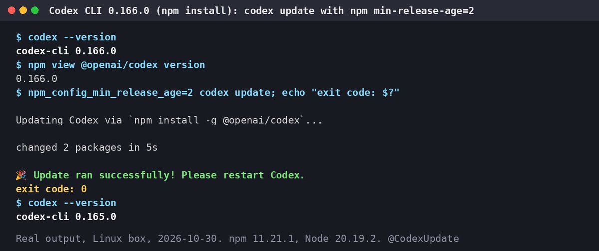 CodexUpdate's tweet photo. 1/7 Half fixed: Codex's "Update ran successfully" message.

0.166.0 stops the standalone updater from claiming success when the download fails. On npm installs it can still say 🎉 when nothing changed, or after a downgrade. Tested on a clean Linux box, no login needed 🧵 https://t.co/ogWigFl7q3