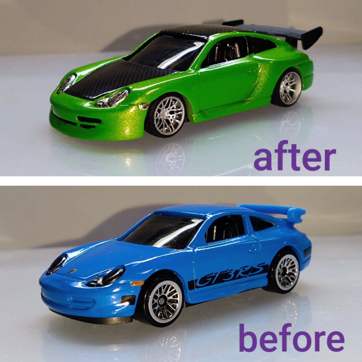 norishi1980's tweet photo. ポルシェ 911 完成
前後フェンダーをブリスターフェンダーに
途中カエルに見える病にかかり、完治しないままグリーンにペイント
ボンネットとルーフをカーボン調にしてリアスポイラーを装着
ホイールは @freewheeling201 たかしさん
#ホットウィール #hotwheels #PORSCHE https://t.co/Td0CamDzNw
