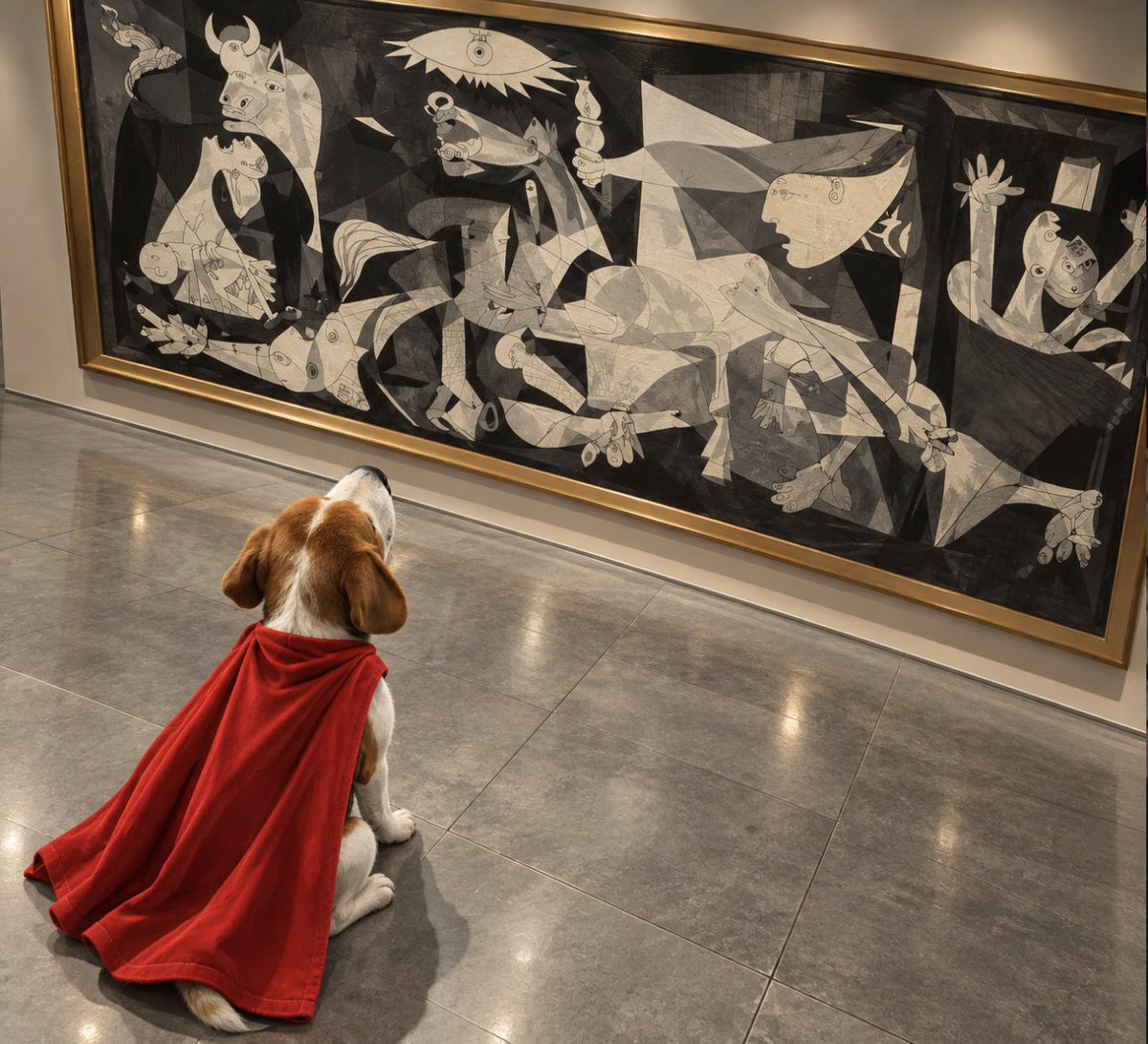 D_S_Iglesias's tweet photo. ☕️🖋️Un perro pequeño, una capa roja y un cuadro inmenso de España en mi querido Reina Sofía. A veces, para seguir adelante, basta con plantarse frente a lo que nos asusta y mirarle de frente. Con garra y hondura.

La fuerza de la gente: no estáis solos ni solas. Cada mano que nos ayuda, cada voz que nos consuela, cada día que volvemos a intentarlo con ganas cuenta. La esperanza no llega siempre como un gran gesto de peliculón navideño; a menudo entra despacio, de vecino en vecino, hasta que vuelve a encender la calle.

Que el miedo no nos robe la ternura ni el cansancio la confianza. Cuidémonos, sostengámonos y demos el siguiente paso juntos. Siempre de la mano de la democracia.

Hasta el corazón más pequeño puede recordarnos que todavía hay motivos para luchar por un mañana mejor como este pequeño de capa roja sosteniendo el horizonte. 

[✒︎△ | @D_S_Iglesias | ☕️🖋️♟️]