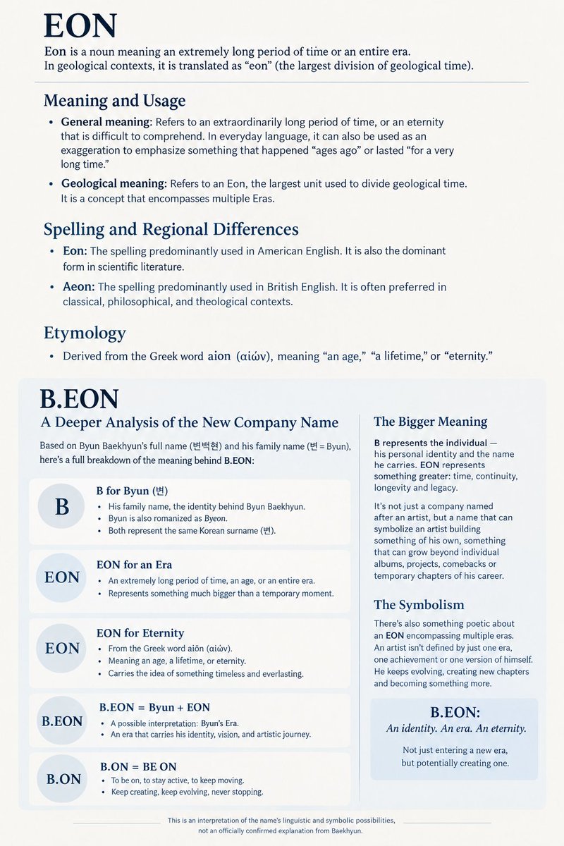 lightqorgus's tweet photo. B = baekhyun
EON = an era, a new chapter, a lifetime, eternity, a long period of time
B.EON = 변 (byun/byeon), his family name
B.ON = BE ON: keep going, keep creating, keep evolving

a name that beautifully represent his identity, new era and the legacy he continues to build ✨️ https://t.co/HPJIFbvHgW
