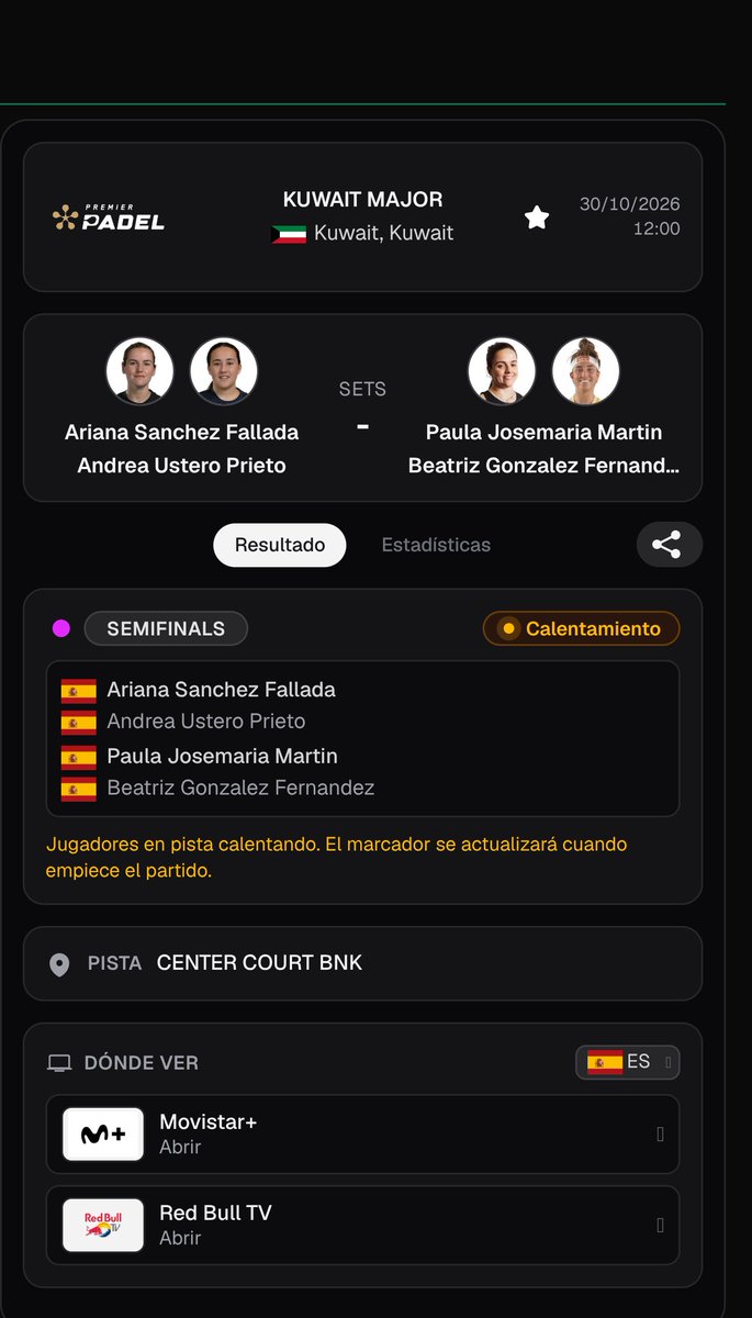 PadelscoreApp's tweet photo. 🔴 Se juega ahora · Semifinal · Kuwait Major 🇰🇼
Sanchez / Ustero 🆚 Josemaria / Gonzalez
#KuwaitMajor #PremierPadel https://t.co/Q1q7rSJ32R