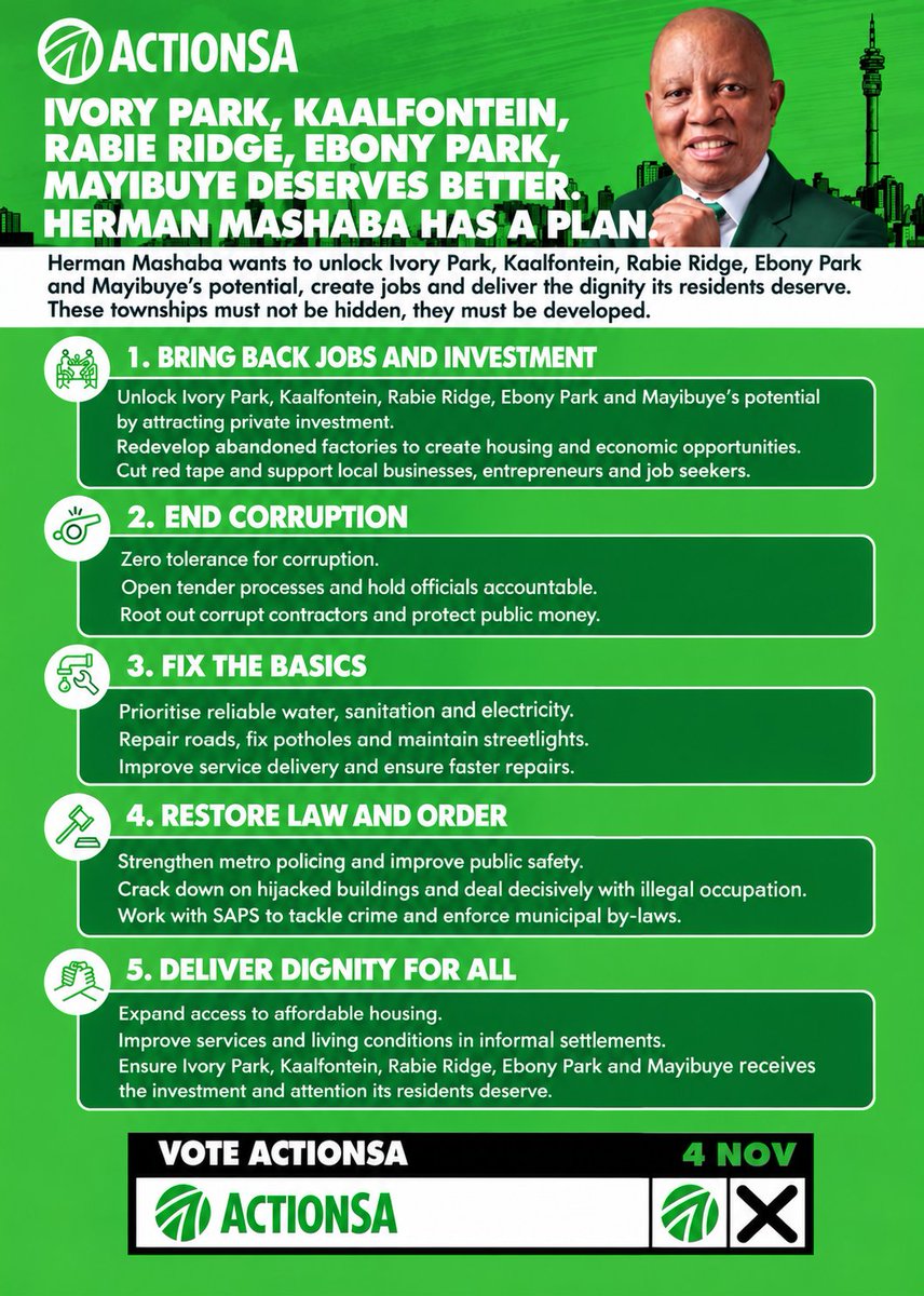 HermanMashaba's tweet photo. 🚨 IVORY PARK, KAALFONTEIN, RABIE RIDGE, EBONY PARK AND MAYIBUYE DESERVE DEVELOPMENT, NOT DIVISION!

ActionSA believes that Ivory Park, Kaalfontein, Rabie Ridge, Ebony Park and Mayibuye must never be left behind or treated as forgotten communities. Our people deserve dignity, opportunity and the same investment afforded to wealthier areas.

Our vision is clear: to unlock the potential of these communities, create jobs, attract investment and build neighbourhoods where every resident has access to decent services and opportunities to prosper.

Poverty must be confronted through development, not neglect. Our townships must be transformed through meaningful economic opportunities, better infrastructure and improved living conditions.

IVORY PARK, KAALFONTEIN, RABIE RIDGE, EBONY PARK AND MAYIBUYE MUST NOT BE LEFT BEHIND. THEY MUST BE DEVELOPED, AND ACTIONSA IS COMMITTED TO DOING THE JOB!

#UnfinishedBusiness #OperationFixJoburg
