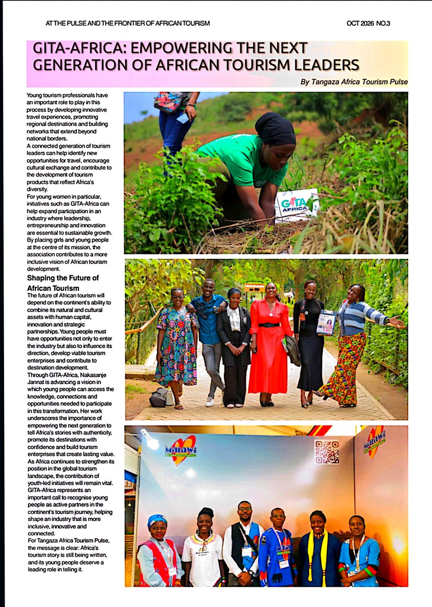 Jannie_jennah's tweet photo. As I celebrate another year of life, my heart is full.

What better birthday gift than finding myself featured in the Tangaza Africa Tourism Pulse, published by the African Tourism Board. A whole two-page feature, highlighting my journey, my work with young people and what we are building through @GITA_Africa

For an organisation championing African tourism by encouraging us to use our own resources, destinations, networks and stories to promote Africa. Being recognised on such a platform is truly special.

My heart is full. ❤️