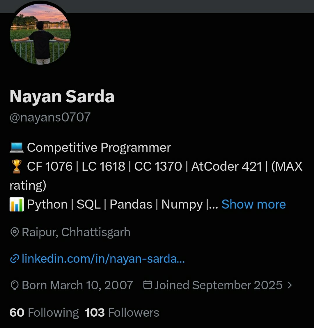 nayans0707's tweet photo. 100+ followers! ❤️

A small milestone, but a lovely feeling.

Thank you to everyone who followed, connected, and supported me along the way.

Here's to learning, sharing, connecting, and growing together.

Onwards to more! 🚀
Happy To Connect with more People 😀. https://t.co/TGZfQjRlTA