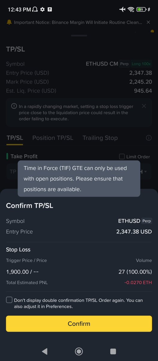 IRMROSEA's tweet photo. Every time I try to place a stop-loss (SL) order, I encounter this error. I contacted customer support last month, but they informed me that they had no timeline for resolving the issue. @cz_binance @binance @BinanceHelpDesk https://t.co/lLdvBH3WfC