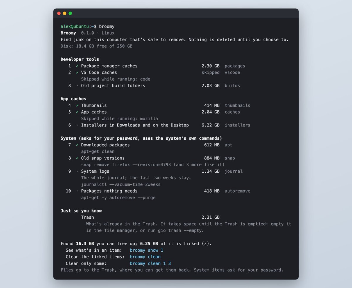 TechInfoApps's tweet photo. Broomy, our little Mac cleaner, now has a Linux version 🧹

One command: `broomy`. It finds caches, old build folders, old snaps and downloaded packages, shows everything first, and puts your files in the Trash.

Free forever. No ads, ever.
https://t.co/SFYvlgabn6
#Linux #Ubuntu https://t.co/FOrsWkm5c6