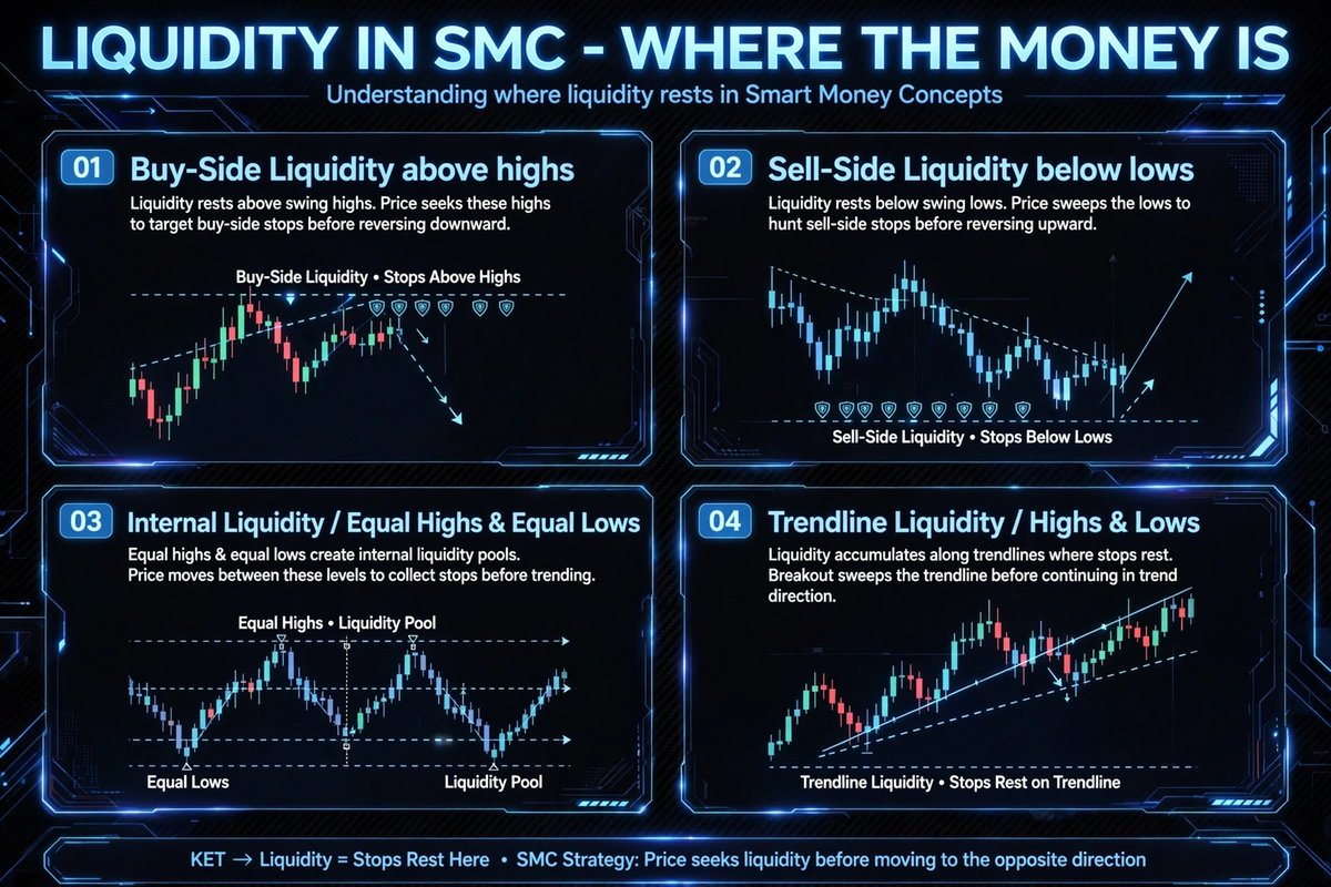 Hardheycapital's tweet photo. LIQUIDITY - The Real Why Price Moves*

Forget indicators. Price has one job: seek liquidity to fill institutional orders.

Institutions can't just buy 100M at market - they need your stops.

IMAGE 1 - WHERE LIQUIDITY LIVES*
There are only 4 places liquidity hides:

1. Buy-Side Liquidity (BSL) - Above Highs
Your buy stop losses are sitting ABOVE the last high. Price will wick above, take you out, then drop. That wick is not random.

2. Sell-Side Liquidity (SSL) - Below Lows
Your sell stops are BELOW the last low. Price drops below, grabs you, then reverses up.

3. Internal Liquidity - Equal Highs / Equal Lows
Those double tops and double bottoms you see? That's a liquidity pool. Everyone puts stops at the same level = huge liquidity for banks. Price will sweep it before trending.

4. Trendline Liquidity
Everyone drawing the same trendline = stops on the trendline. Breakout traders get swept.

SMC Rule: Price seeks liquidity before moving opposite.