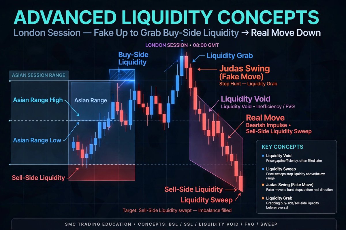 Hardheycapital's tweet photo. IMAGE 2 - HOW IT ACTUALLY PLAYS OUT (Judas Swing)*
This is why you get stopped out in London:

05:00 GMT - Asian Range
Market chops between Asian High and Low. Liquidity builds above and below.

08:00 GMT - London Open - Judas Swing
This is the fake move. If real direction is SELL, price will first spike UP, grab Buy-Side Liquidity above Asian High, trigger all breakout buys, trap them.

Then Real Move
After grabbing liquidity, no buyers left. Price creates a Liquidity Void (FVG) and crashes down to take Sell-Side Liquidity below Asian Low.

This is called:
Judas Swing* = fake move
Liquidity Grab / Sweep* = taking the stops
Liquidity Void* = imbalance left behind (your FVG entry later)

How you trade it as Prop Firm trader:

1. Mark Asian High/Low before London
2. Don't enter the first spike - that's Judas
3. Wait for sweep + CHoCH/MSS on 5m/15m
4. Target opposite side liquidity (SSL if BSL was swept)

This is why your checklist is important: Without CHoCH, it's still a Judas.

Most traders lose because they chase the liquidity grab. Smart money waits for the grab, then enters the real move.