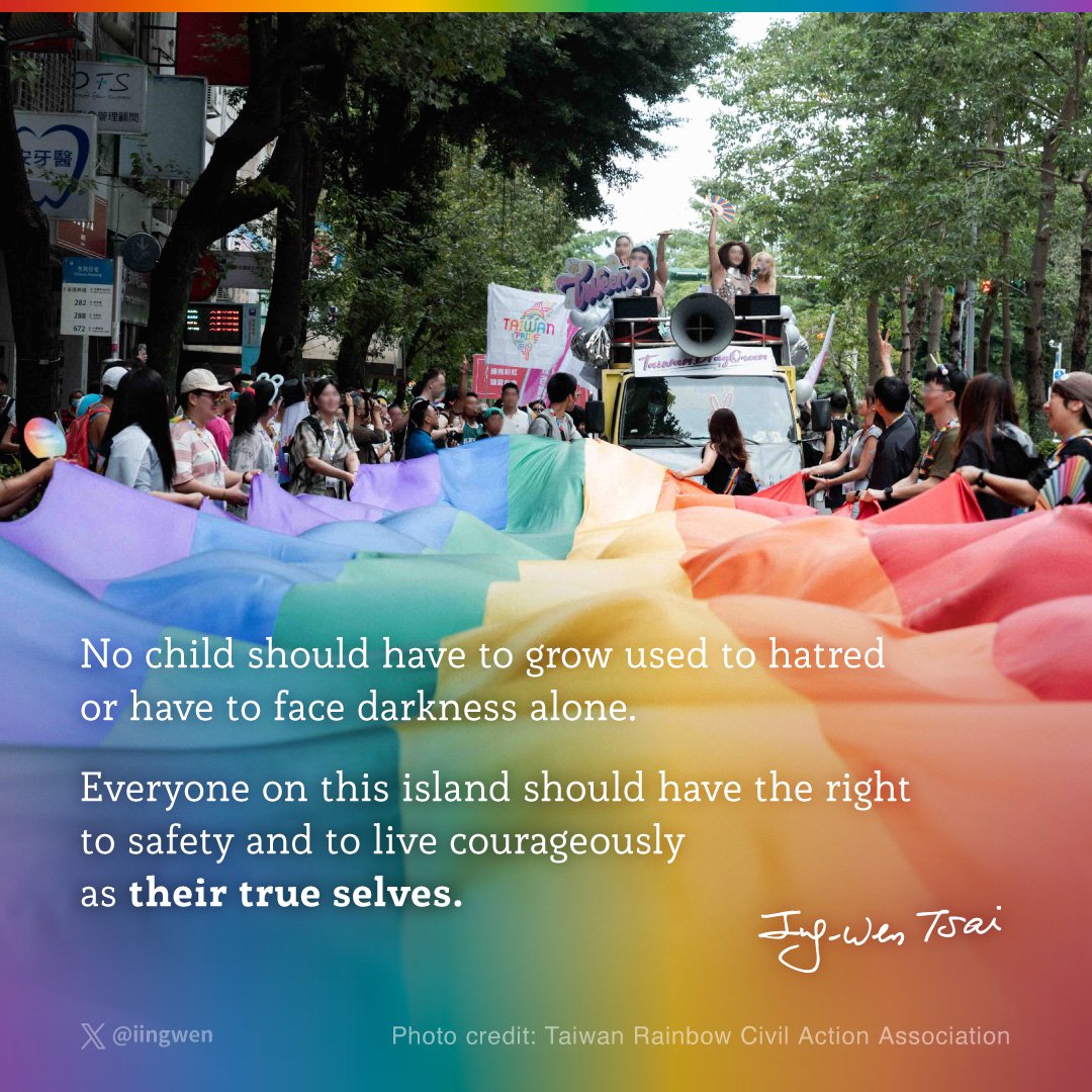 iingwen's tweet photo. Taiwan LGBT+ Pride Week is a celebration of how far #Taiwan has come &amp; of all those people who worked so hard to deliver greater freedom &amp; equality. And it is a reminder that our work is never over, as every generation should be able to live as their true selves. https://t.co/nSX5XiBdUi