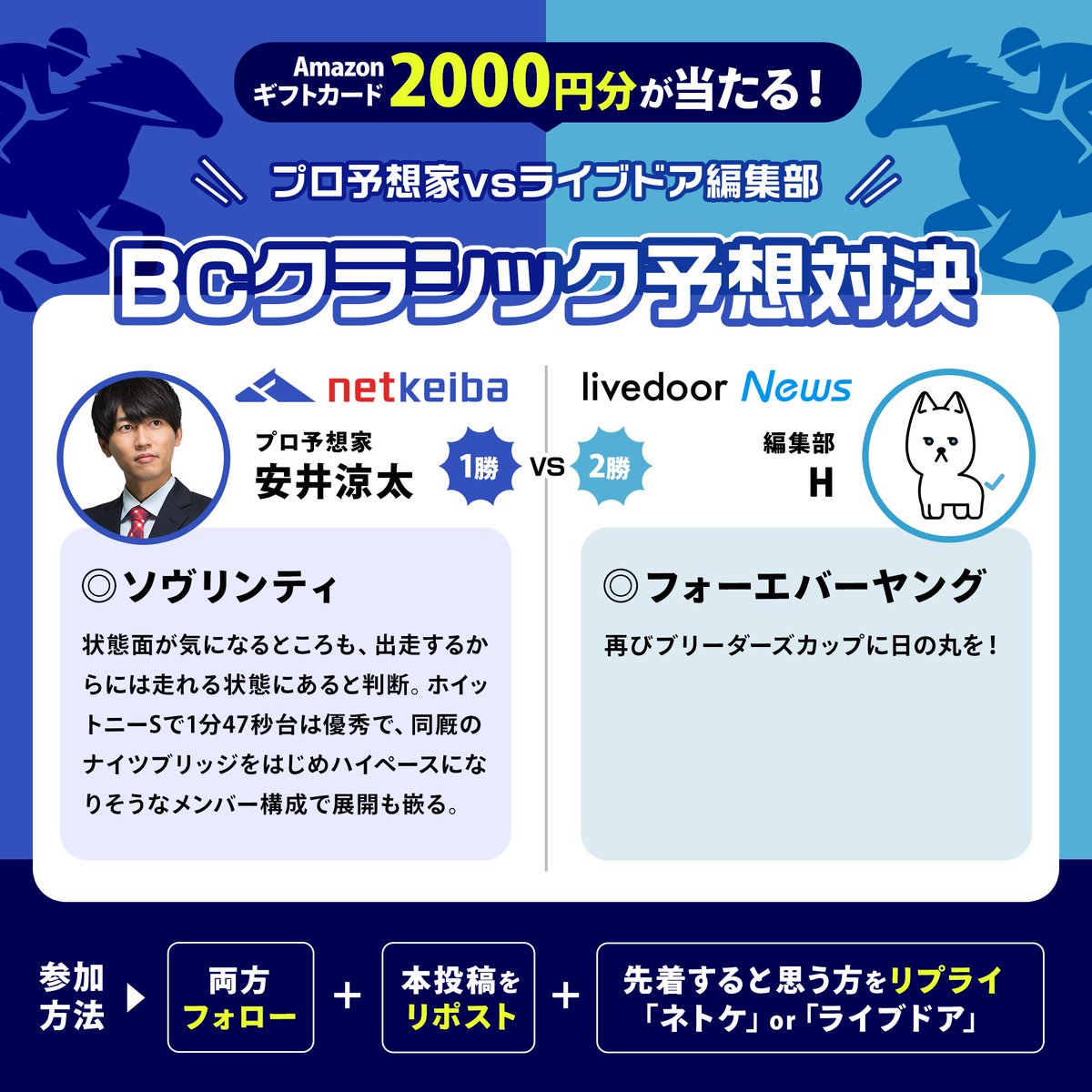livedoornews's tweet photo. 「先着するのはどっちだ!?」
プロ予想家・安井涼太 vs ライブドアニュース編集部H

4戦目はBCクラシック！

▼参加方法(3手順)
①@netkeibaと@livedoornewsをフォロー
②この投稿をリポスト
③「ネトケ」or「ライブドア」先着すると思う方をこの投稿にリプライ