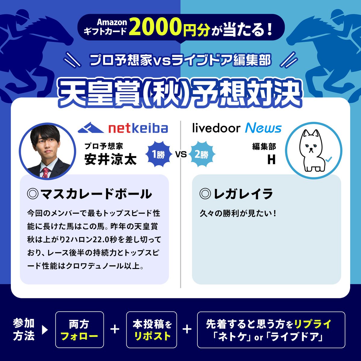 livedoornews's tweet photo. 「先着するのはどっちだ!?」
プロ予想家・安井涼太 vs ライブドアニュース編集部H

5戦目は天皇賞(秋)！

▼参加方法(3手順)
① @netkeibaと@livedoornewsをフォロー
②この投稿をリポスト
③「ネトケ」or「ライブドア」先着すると思う方をこの投稿にリプライ