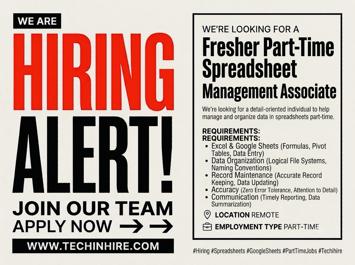 real_techihire's tweet photo. Hiring Alert: Fresher Part-Time Spreadsheet Management Associate
Apply Now: https://t.co/qHJvuR7J1E

Requirements:

* Excel &amp; Google Sheets
* Data Organization
* Record Maintenance
* Accuracy

Location: Remote
Employment Type: Part-Time

#Hiring #Spreadsheets #GoogleSheets #Part https://t.co/UsayZSkazs