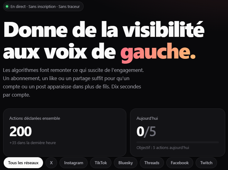 FollowTonGaucho's tweet photo. ✊ En moins de 24 heures, déjà 200 actions déclarées sur le site !

❤️ Merci les gauchos ! On continue à se donner de la visibilité en vue des #Presidentielle2027 !

👉https://t.co/5Nwouh4aLg

#FollowbackInsoumis #MelenchonArmy #OnBloqueExtremeDroite https://t.co/N9NskNtOfh