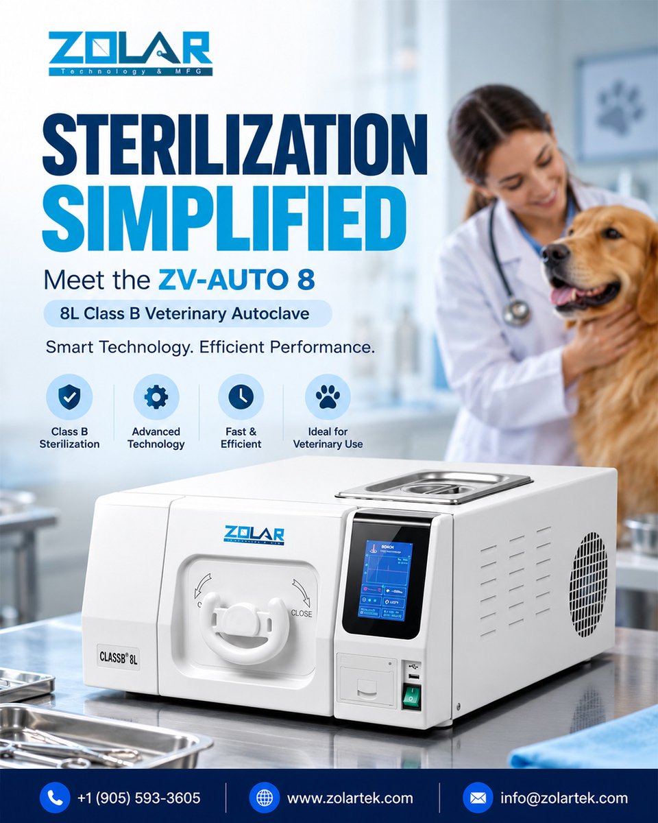 yourdentallaser's tweet photo. Sterilization, simplified. Meet the ZV-AUTO 8, an 8L Class B veterinary autoclave built for smart technology and efficient performance. 🐾

🌐 https://t.co/hprcYTYuLw  
📞 +1 (905) 593-3605
#VetTech #Sterilization #VeterinaryMedicine https://t.co/4MEyvwsZam