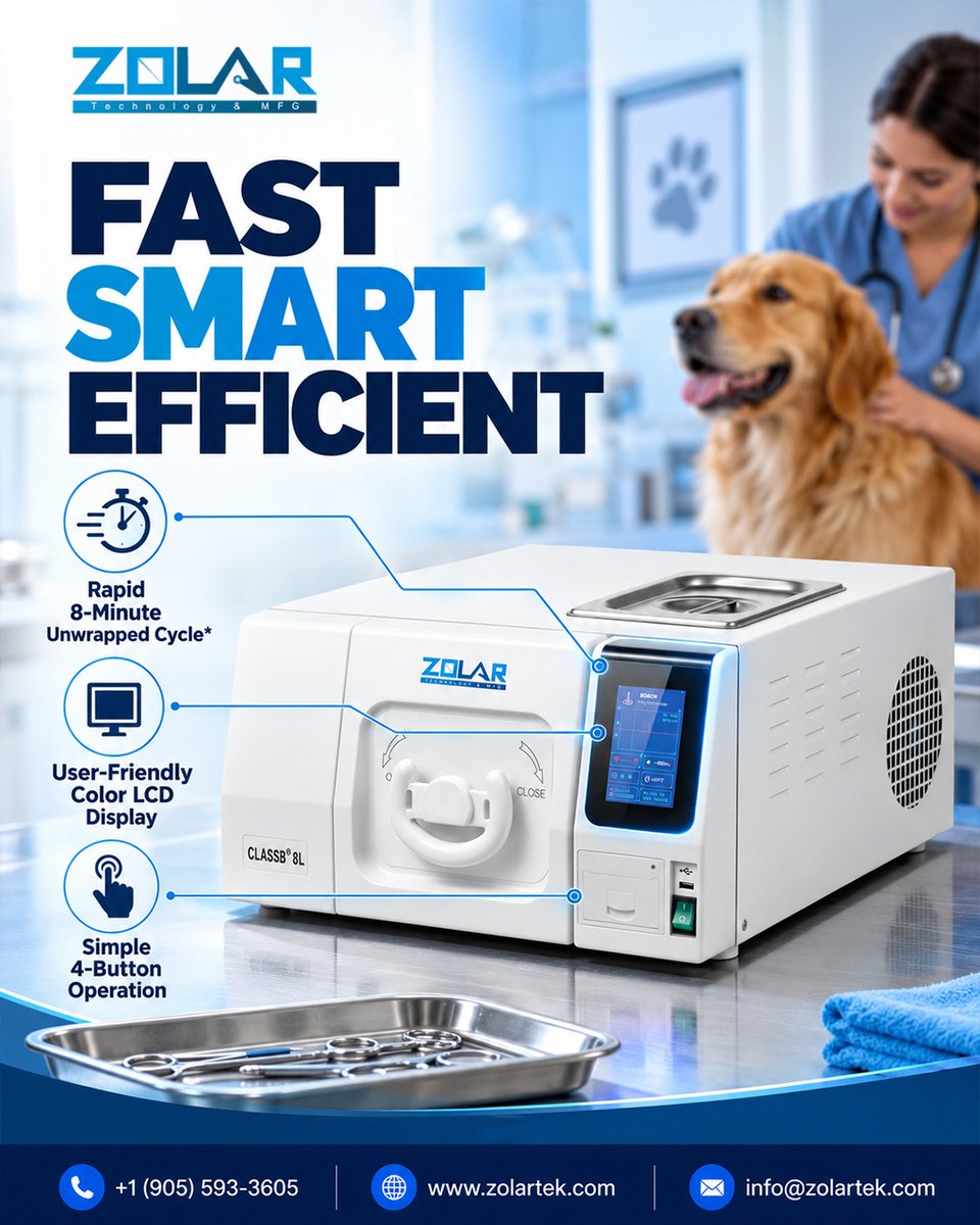 yourdentallaser's tweet photo. Sterilization, simplified. Meet the ZV-AUTO 8, an 8L Class B veterinary autoclave built for smart technology and efficient performance. 🐾

🌐 https://t.co/hprcYTYuLw  
📞 +1 (905) 593-3605
#VetTech #Sterilization #VeterinaryMedicine https://t.co/4MEyvwsZam