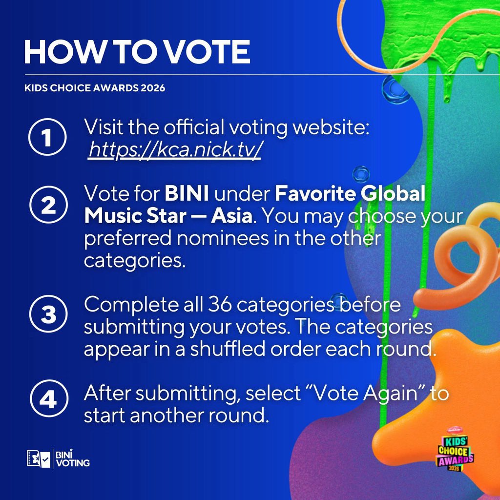 BINIVotingTeam's tweet photo. 📣 [ KIDS’ CHOICE AWARDS 2026 ]

𝐀𝐍𝐆 𝐒𝐀𝐁𝐀𝐃𝐎 𝐍𝐀𝐌𝐈𝐍 𝐀𝐘 𝐏𝐀𝐑𝐀 𝐒𝐀 𝐁𝐈𝐍𝐈! 🙂‍↕️

BLOOMS, nakapag-vote na ba kayo for BINI under Favorite Global Music Star — Asia today? Let’s make this Saturday count by showing our girls the love and support they deserve! Tuloy-tuloy lang sa pagboto and don’t forget to encourage your fellow voters to join in. Every vote counts, so let’s keep showing up for our best girls! 💗

And while voting for BINI, don’t forget our collaboration partners! Let’s also show our support for BLACKPINK for Favorite Music Group/Duo, JENNIE’s “DRACULA” for Favorite Music Collaboration, and KATSEYE for Female Breakout Artist. Let’s continue supporting one another and keep this collaboration going strong! 

🗳️ https://t.co/NMMm4CJ3YM
🗓️ Voting ends on November 13, 2026

#VoteBINI_KCA
#GlobalMusicStarAsia_BINI
#BINI @BINI_ph
