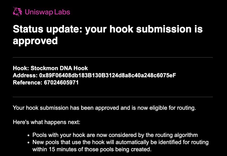 stockmonapp's tweet photo. Our Stockmon DNA v4 Hook has been approved by @Uniswap Labs!  $DNA pools now get picked up by the Uniswap app and routing API. 

$DNA Official contract 0x5F2b0542CAa2e6b8DAB50bFa846063A723B5823B https://t.co/qyzHyFxKsr