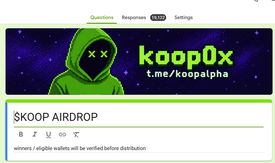 koop0x's tweet photo. MORE THAN 19K WALLETS HAS BEEN NOTED ✅

TEAM $KOOP IS STILL COLLECTING ADDRESSES 👇

https://t.co/6qCZo7RCMs

you have 2 hours to fill out form.

for a bonus airdrop, rt + drop your SOL address https://t.co/u6U4dOXwu4