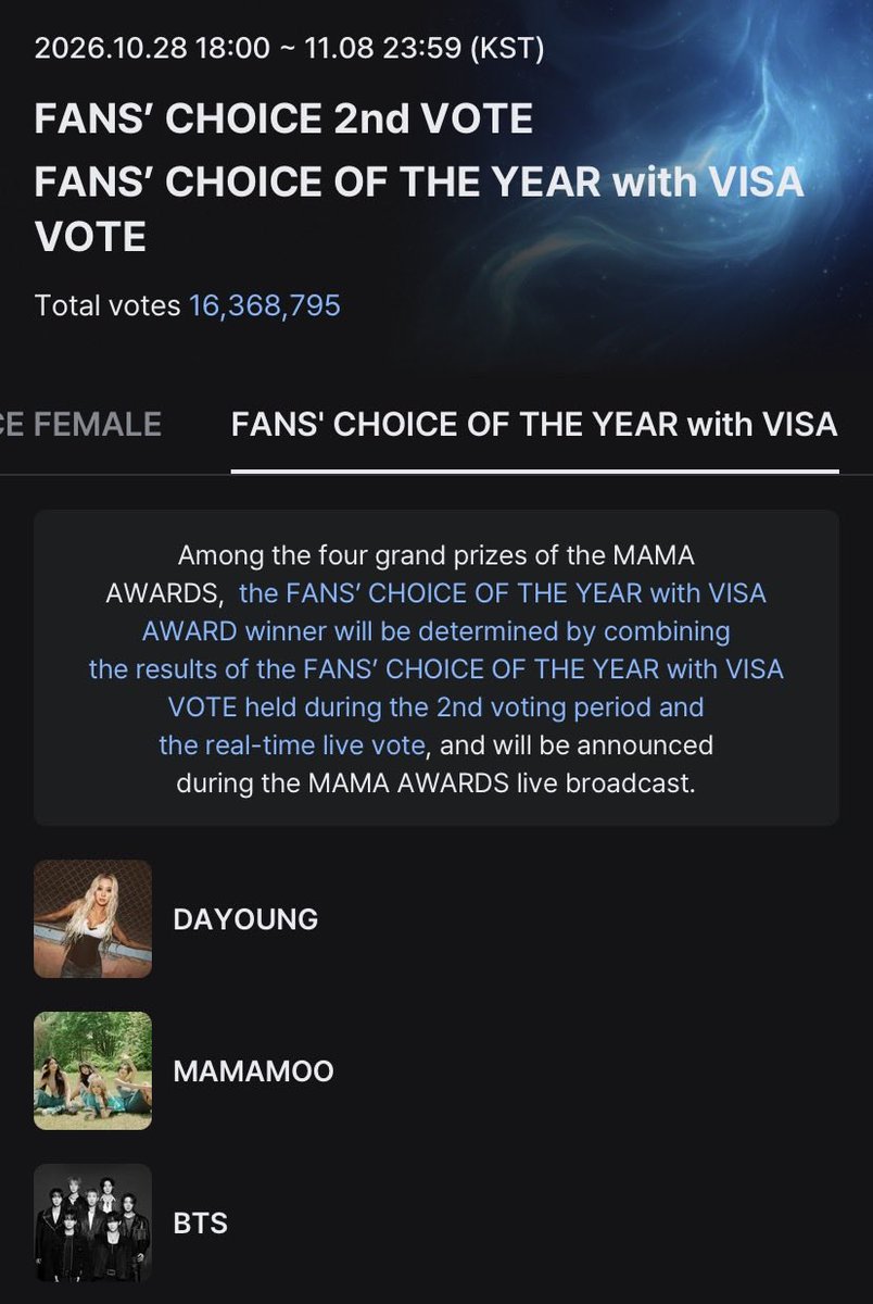 btschartmaster's tweet photo. Never too late to vote #BTS for FANS' CHOICE MALE and FANS' CHOICE OF THE YEAR on #2026MAMAVOTE !

🗳️ https://t.co/BQe4Wd6KuQ https://t.co/THfWKLri3Y