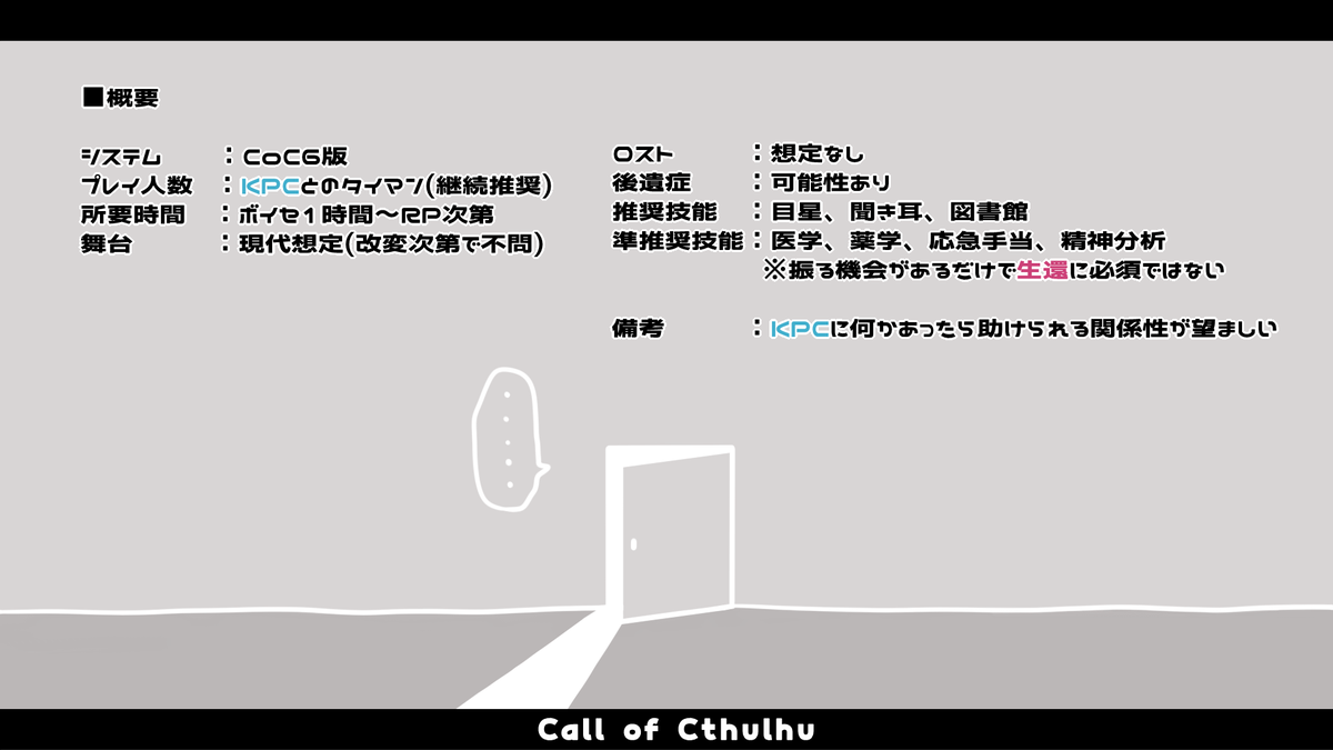 shindoi_kawauso's tweet photo. #さいのめ6_新作 

𝗖𝗮𝗹𝗹 𝗼𝗳 𝗖𝘁𝗵𝘂𝗹𝗵𝘂
■■薬を飲まなければ出られない部屋の扉が開いている

白い部屋に閉じ込められたと思ったら既に扉が開いているし近くにKPCが倒れてる

▸継続向けタイマンシナリオ
▸RP重視周回可能
▸匙加減でシリアスにもギャグにもなる

https://t.co/SCRtvVR9fj https://t.co/jubmb4pEgY