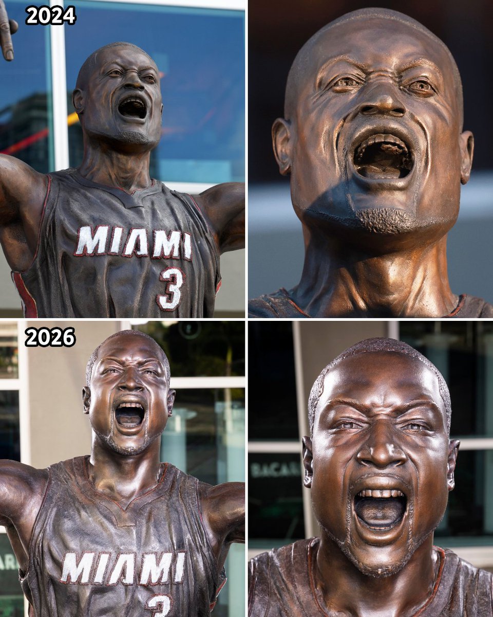 BleacherReport's tweet photo. Dwyane Wade's Heat statue outside the Kaseya Center has undergone enhancements to better resemble the NBA legend 🔥

(Via @MiamiHEAT) https://t.co/oeAlnbmhuy