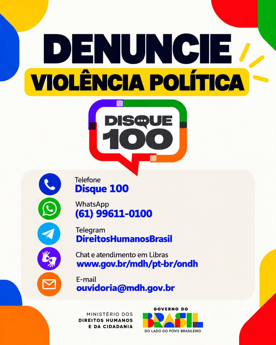 mdhcbrasil's tweet photo. A violência política é uma grave violação de direitos humanos. Ela acontece quando alguém sofre ameaças, constrangimentos ou outras formas de violência para interferir em sua participação política ou impedir o exercício de seus direitos. https://t.co/NXIeUEQhYT