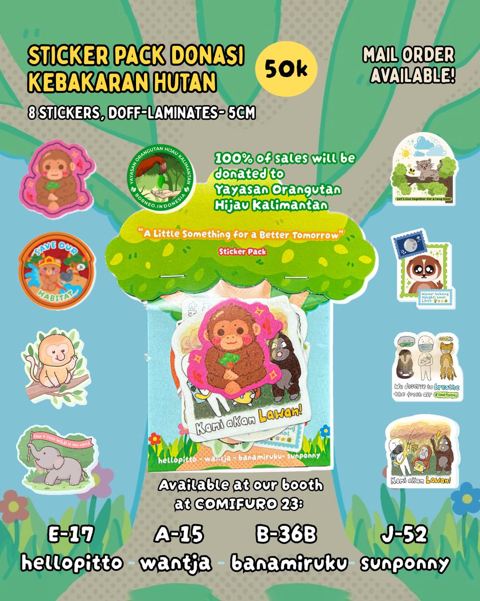 xoxowantja's tweet photo. [OPEN MAIL ORDER STICKER PACK DONASI KARHUTLA by @hello_pitto x @wantja x @youbilv x @Sunponny]

Halo teman-teman! Kami sedang menggalang dana untuk penanganan karhutla dengan berjualan sticker! 😀

Bisa dibeli di #Comifuro23 atau online di https://t.co/Revxx7noY0 https://t.co/3rOlnCbYDn