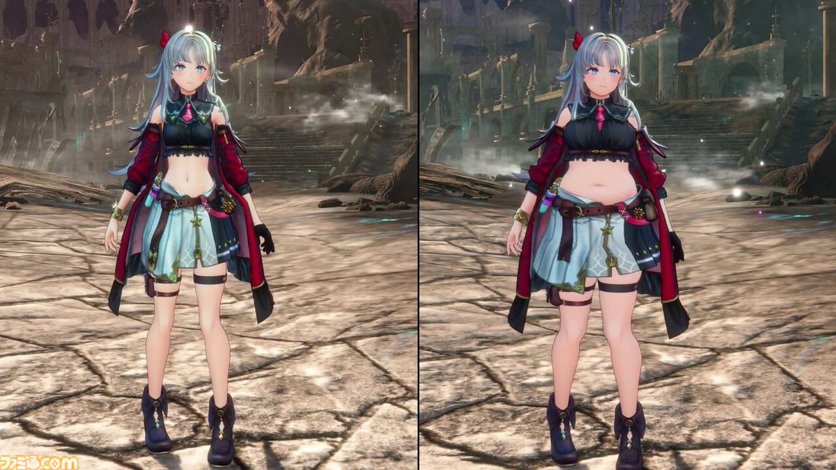 famitsu's tweet photo. 『カリアのアトリエ』「カリアの体型変化ムービー」公開。“ほっそり”も“ぽっちゃり”も、体型変化のぶんだけカリアの魅力倍増
https://t.co/fh345t1vXg

ほそカリアとぽちゃカリアを見比べられるカットも存在。お腹や足まわりはもちろん、頬についたお肉もしっかり変化している。どちらもかわいい。 https://t.co/O9QvREcYzz