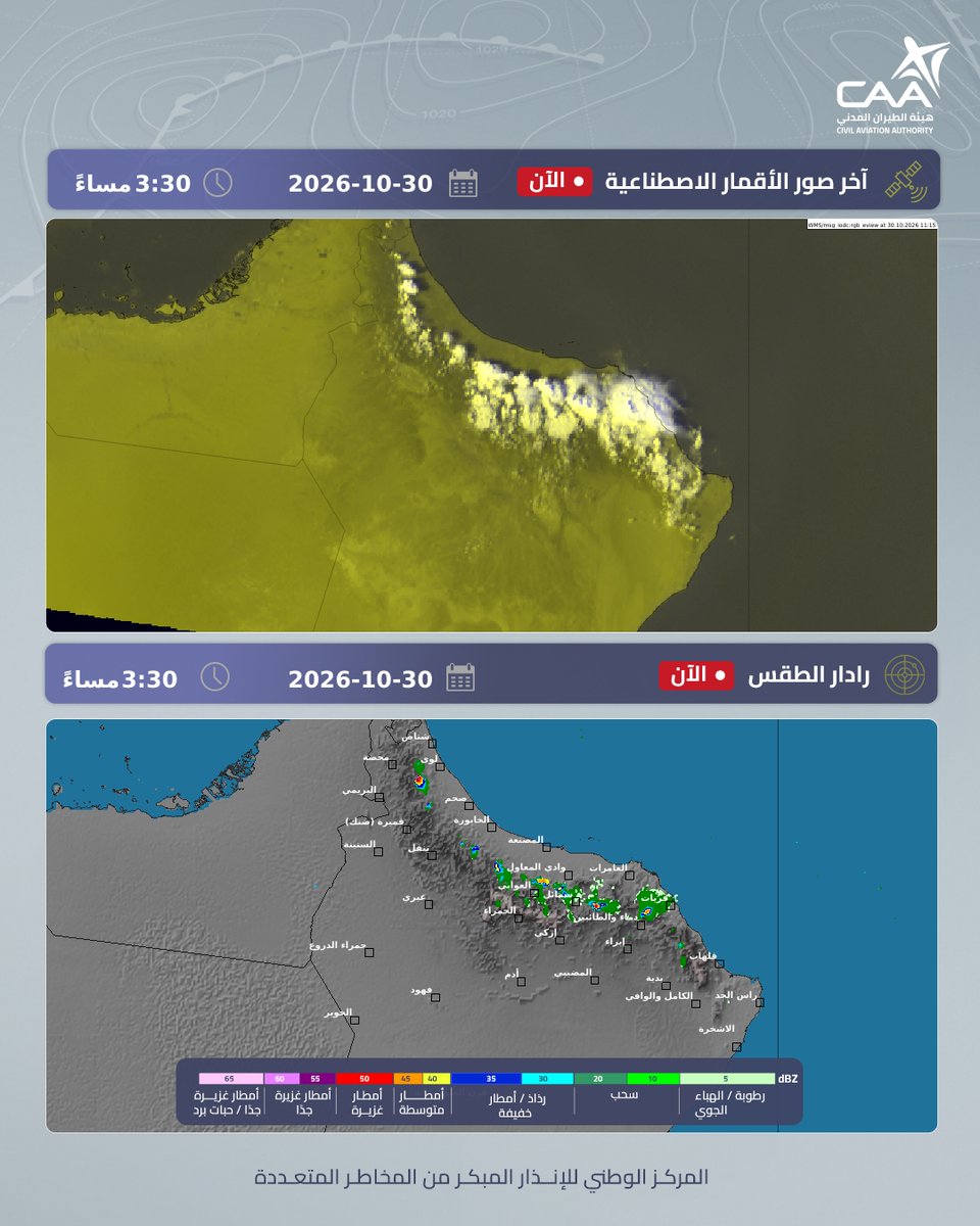 توضح الصورة الجوية وصورة رادار الطقس استمرار نشاط السحب الركامية على اجزاء من جبال الحجر و…