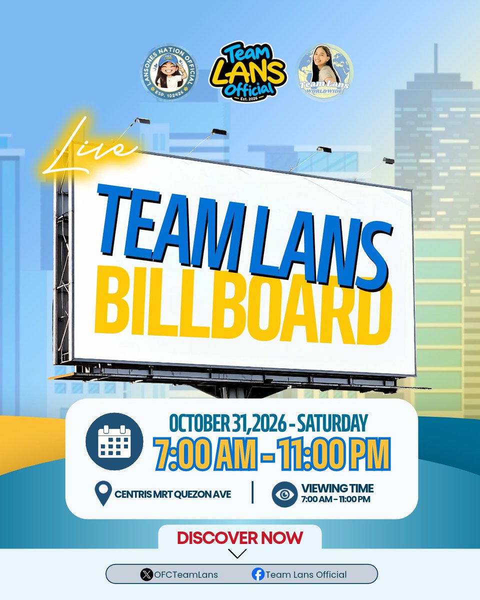 OFCTeamLans's tweet photo. 🧢 SURPRISE, LANShines! 💛💙

The birthday celebration isn't over yet! 🎉✨ Something special is coming your way!

This is a collaborative birthday project made possible by Team Lans OFC, @TEAMLANSWLD and @LANSonesOFC  united by one purpose: to make Lans feel even more loved and appreciated. 💛

Because one day is never enough to celebrate someone who brings so much happiness and inspiration to many. 🥹💙

Stay tuned, LANShines! The surprises continue! 🎁✨

📍Centris MRT Quezon Ave
🗓️October 31,2026 - Saturday 
⏱️7:00 AM - 11:00 PM 

ONE LOVE, ONE TEAM, ALL FOR LANS! 💛💙

#SurpriseLANShines #BirthdayProjectForLANS #TeamLansOFC #TeamLansWorldwide #LANSonesNations