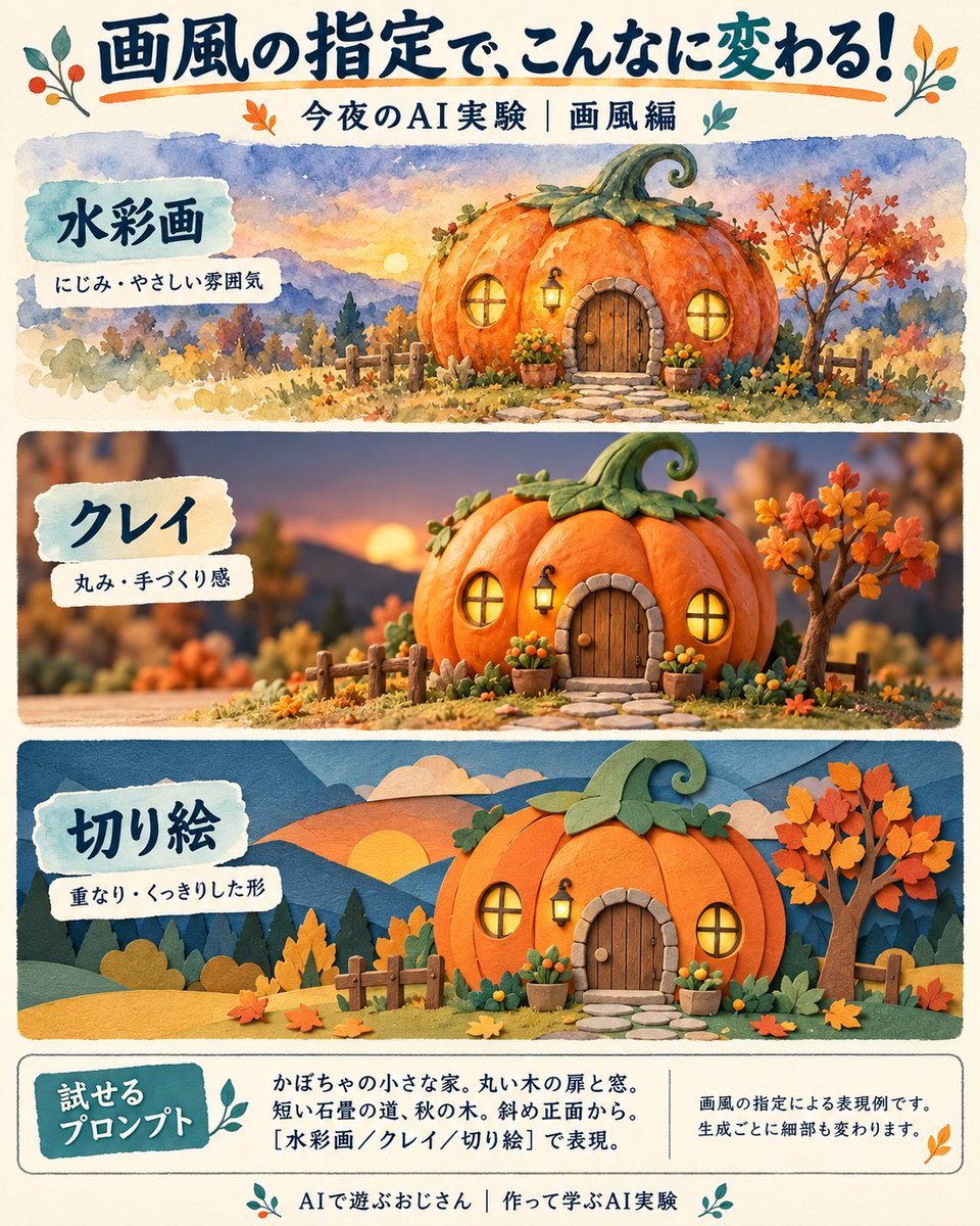 AIAI_ceo's tweet photo. 今夜のAI遊びは「画風」🎨

ハロウィン前夜なので、かぼちゃの家を作ってみました🎃

🖌️ 水彩画
🧱 クレイ
✂️ 切り絵

にじみ、丸み、紙の重なり。
画風を指定すると、雰囲気が変わって面白い😊

どの家に泊まってみたいですか？
試せるプロンプトは画像に👇

※生成ごとに細部も変わります。 https://t.co/3SH0uaNYR2