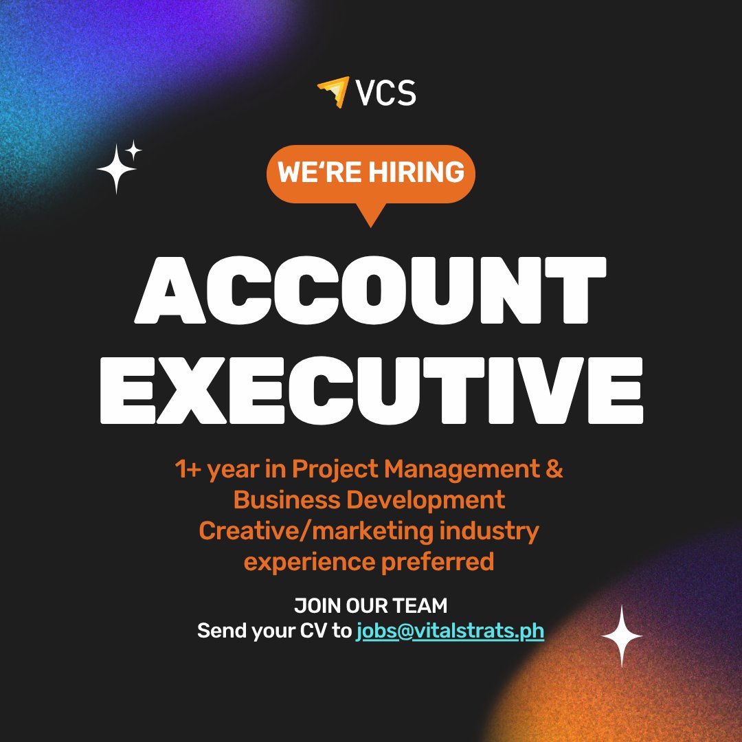 Vitalstrats's tweet photo. We're looking for an Account Executive to join #TeamVCS! πΌ Have 1+ year of experience in client management, project coordination, or business development? Let's talk!
π© jobs@vitalstrats.ph
π https://t.co/P0pInQ7IQM
#HiringPH #JobsPH #MayHiringBaDiyan #MayOpeningBaDiyan https://t.co/Q93ISSOehk