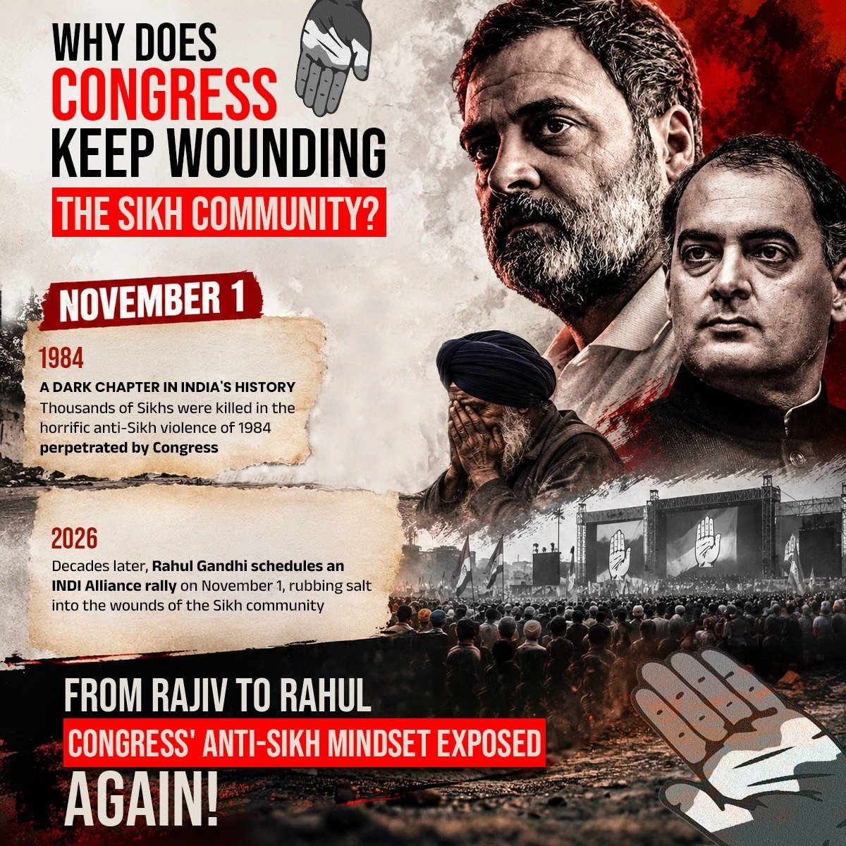 Krish4bjp's tweet photo. 𝐂𝐨𝐧𝐠𝐫𝐞𝐬𝐬’ 𝐩𝐚𝐭𝐭𝐞𝐫𝐧 𝐨𝐟 𝐟𝐨𝐦𝐞𝐧𝐭𝐢𝐧𝐠 𝐜𝐡𝐚𝐨𝐬 𝐚𝐧𝐝 𝐮𝐧𝐫𝐞𝐬𝐭 𝐫𝐞𝐦𝐚𝐢𝐧𝐬 𝐮𝐧𝐜𝐡𝐚𝐧𝐠𝐞𝐝. 🩸

In 1984, Congress presided over a horrific massacre that claimed thousands of Sikh lives. 

Decades later, Rahul Gandhi and the INDI Alliance chose https://t.co/btdPcEryLt