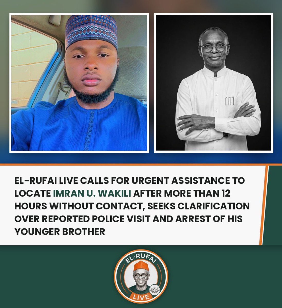 elrufai's tweet photo. IMRAN WAKILI ABDUCTION UPDATE: 

Where is Imran U. Wakili (@IU_WAKILII)?

His last statement reported his younger brother’s arrest and the towing of his vehicle by police. We urge @PoliceNG to help locate him and confirm his safety.

Please amplify. Nothing should happen to @IU_Wakilii   The whole world is watching!

@AAD_EL_Rufai @elrufai @AmnestyNigeria @Laurestar @uchediala @ishakaa @daily_trust @peoplesdailyng @AmnestyNigeria @NuhuRibadu