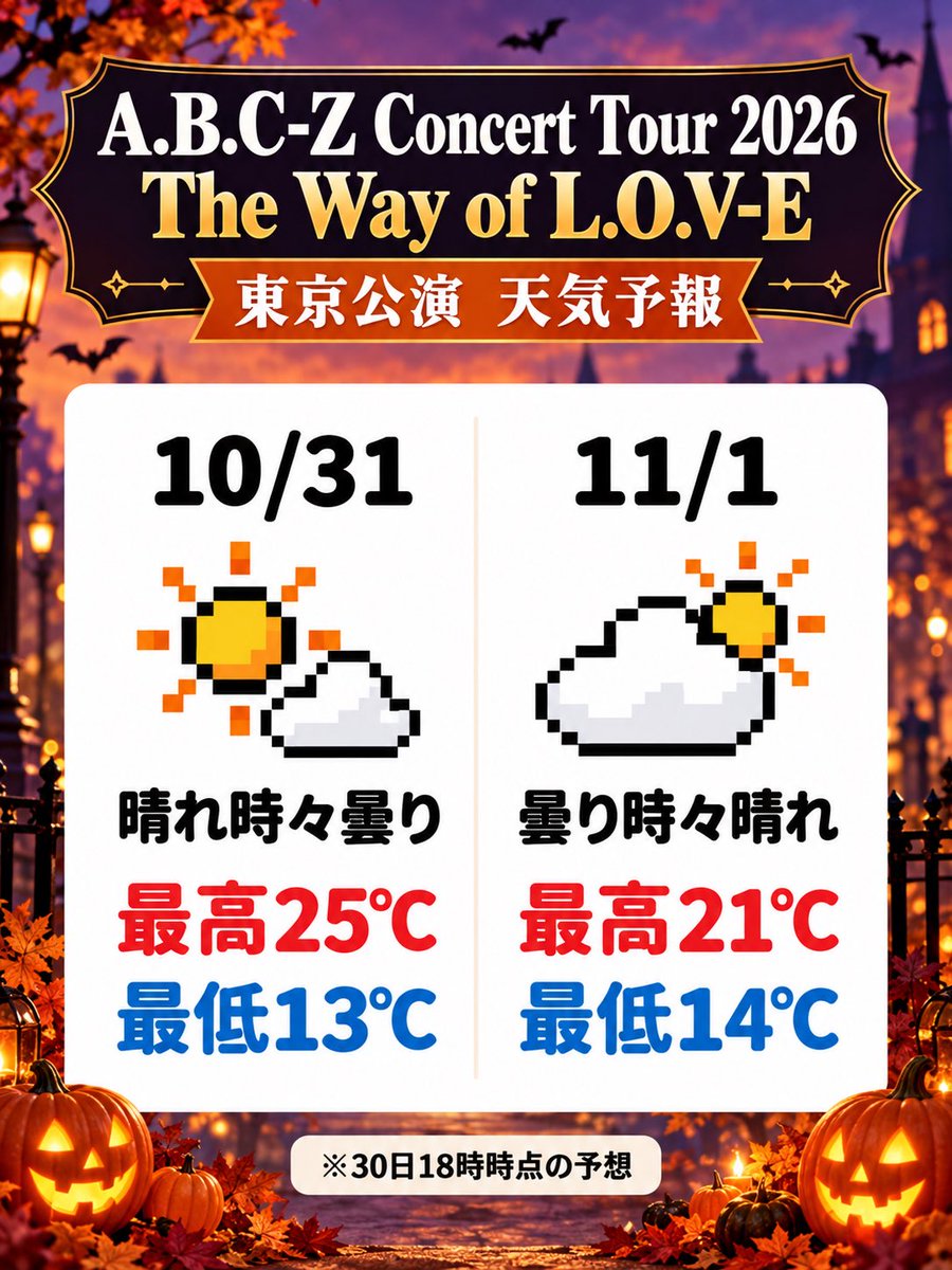 kishamoto_'s tweet photo. A.B.C-Z Concert Tour 2026 The Way of L.O.V-E
東京🗼天気予報🌦️

10/31
晴れ時々曇り🌤️
夜はちょっと冷えるかも😮‍💨

11/1
曇り時々晴れ⛅️
雨はなさそうです😁

ハロウィンですね🎃A.B.C-Zの曲でハロウィンっぽいやつ知ってますか？
東京公演なのでBGMは「三茶のシスター」にしてみました☺️ https://t.co/hnIat2uIg6