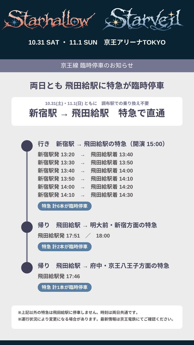 soraru_info's tweet photo. 【京王線 臨時停車のお知らせ】
10/31(土)・11/1(日)の両日、新宿駅発の京王線が飛田給駅に特急が臨時停車するとのことです！

停車時刻は画像をご確認ください！
詳しくは公式HPをご確認ください▼
https://t.co/MDu8mJ0EjX https://t.co/Za3dBBcCK2