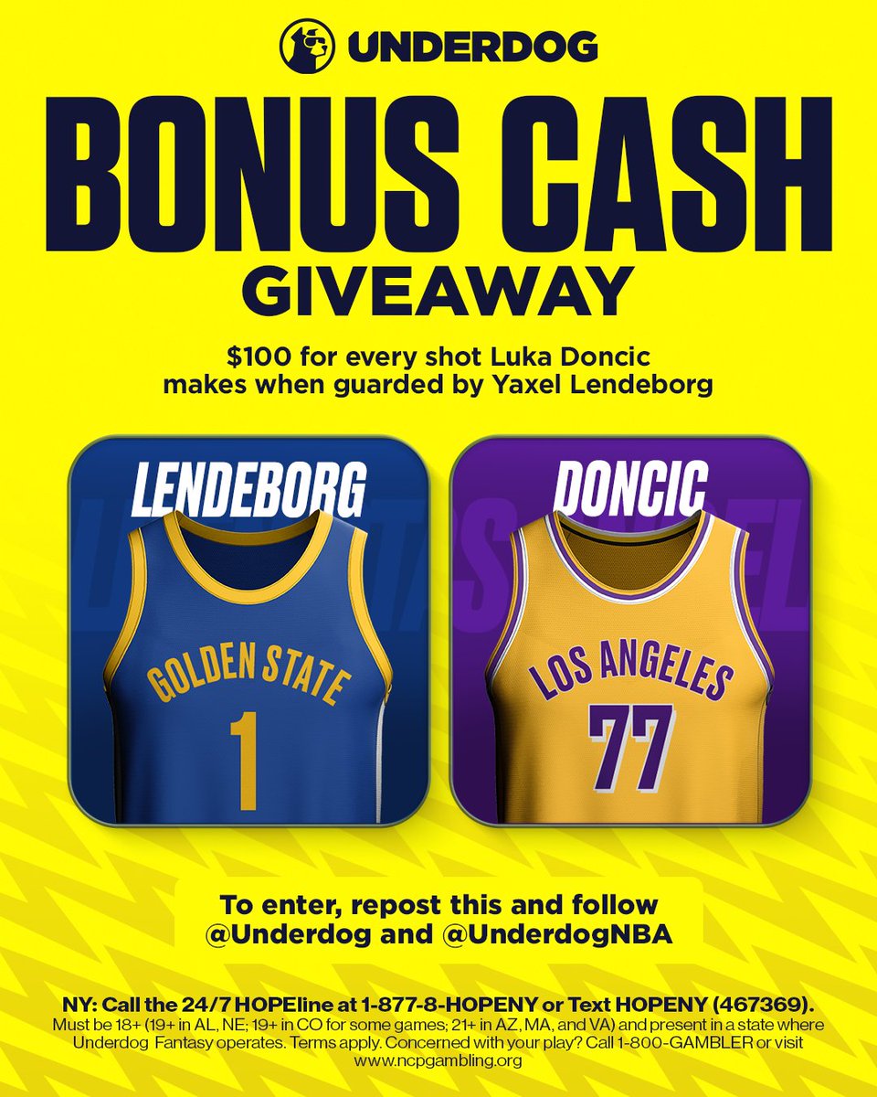 Underdog's tweet photo. 🚨 BONUS CASH GIVEAWAY 🚨

We're adding $100 to the pot for every shot Luka Doncic makes on Yaxel Lendeborg tonight!

10 people will split the final prize pool.

To enter:
1️⃣ Repost this
2️⃣ Follow @Underdog 
3️⃣ Follow @UnderdogNBA https://t.co/wdtrUYgzeB