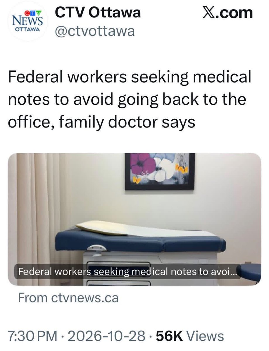 Franktmcveety's tweet photo. Colour me shocked 🙄🤦🏻‍♂️ 
A Gatineau family physician says federal workers are clogging the health care system in search of medical notes so they can continue working from home.
Dr. Karine Lemyre says every time the federal public service updates its return to office policy, a wave of federal workers fills her schedule seeking medical exemptions.
