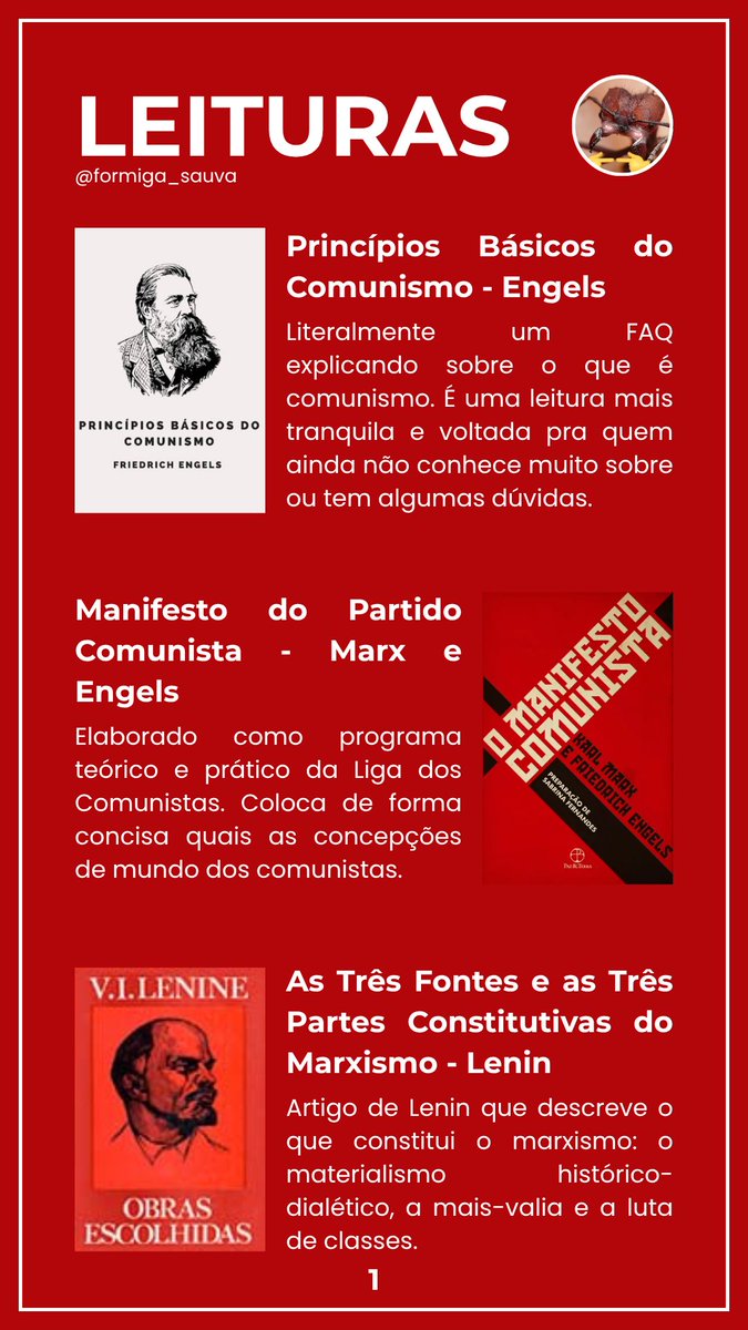 formiga_sauva's tweet photo. Lista de leituras que eu recomendo pra quem se interessou por esse tal comunismo aí

Tentei dividir por alguns temas: Introdução ao marxismo, Feminismo, Questão racial, Imperialismo, Fascismo, Eleições, Textos não teóricos e Documentários sobre a ditadura

1/3 https://t.co/HTuWCg8e3w