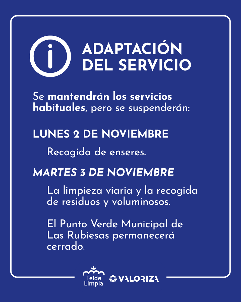 TeldeLimpia's tweet photo. 📢¡Importante!

El 2 y 3 de noviembre, el servicio de limpieza y recogida de residuos de #Telde se adaptará a los festivos.📅

♻️¡Gracias por la comprensión! 💚

#TeldeLimpia #Telde #CiudadLimpia https://t.co/0n0ESnUUGq