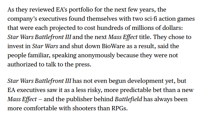 Wario64's tweet photo. Bloomberg: main factor in BioWare shutdown = EA chose to invest in Star Wars Battlefront III over the new Mass Effect https://t.co/xxednxeg9L https://t.co/GoXygAB2zk