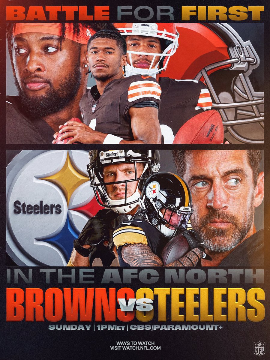 NFL's tweet photo. Who will grab hold of 1st place in the AFC North? 😤

CLEvsPIT – Sunday 1:00pm ET on CBS/Paramount+
Stream on @NFLPlus https://t.co/DpKnUrdBrj